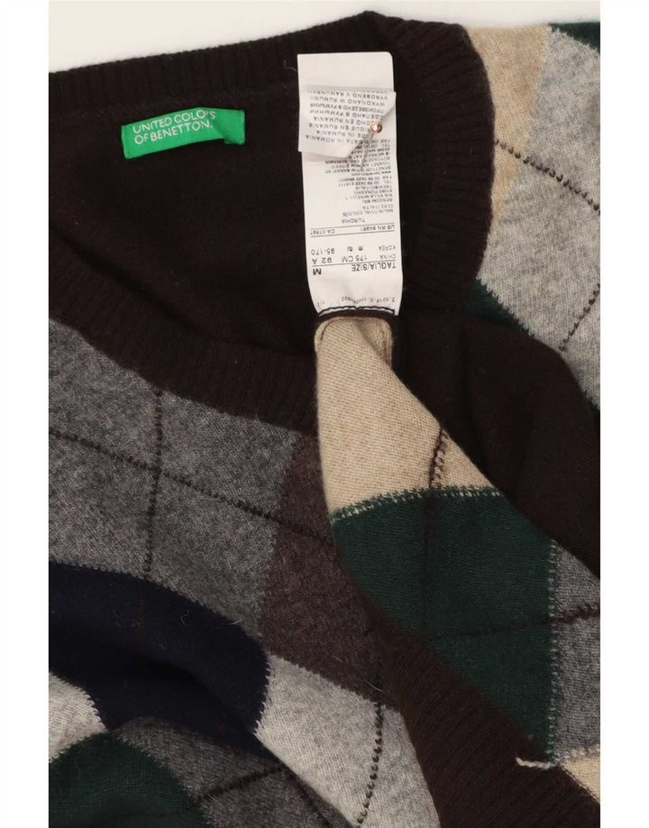 Benetton Mens V-Neck Jumper Sweater Medium Brown Argyle/Diamond Wool