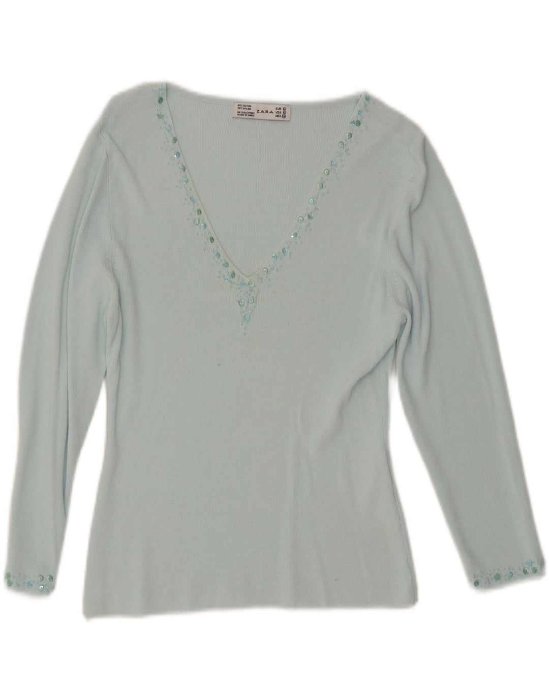 Zara Womens Top 3/4 Sleeve Large Turquoise Rayon