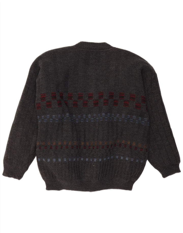 FINNEGAN Mens Cardigan Sweater Large Grey Geometric Acrylic