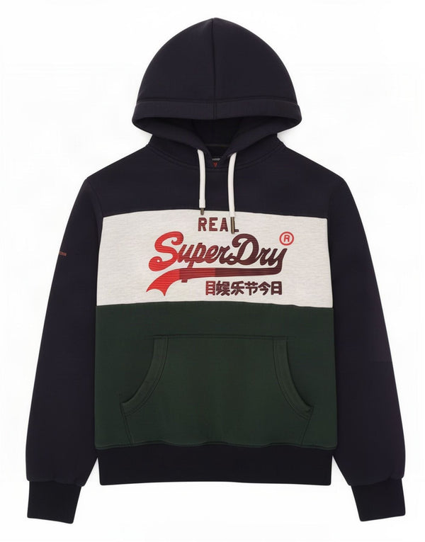 Superdry Mens Graphic Hoodie Jumper Medium Navy Blue Colourblock Cotton