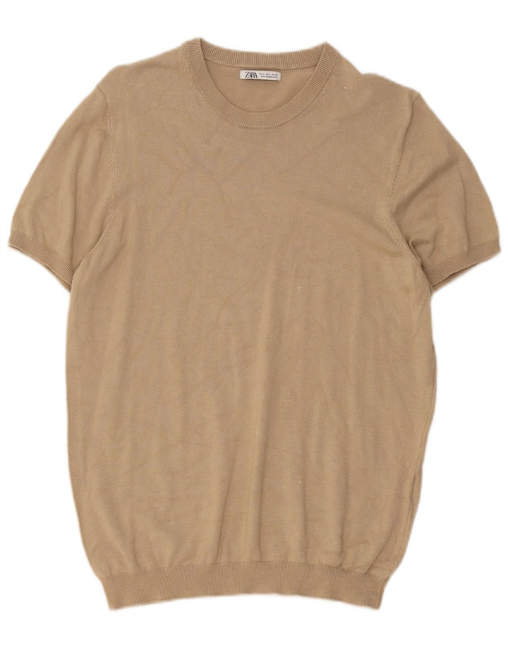 Zara Mens T-Shirt Top Small Beige Viscose