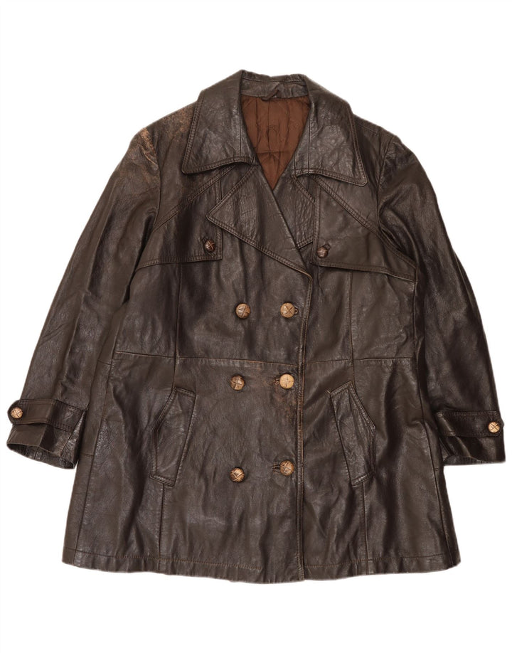 Vintage Womens Double Breasted Leather Coat UK 16 Large Brown