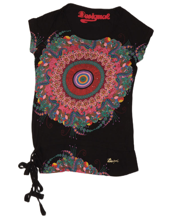 Desigual Womens Graphic T-Shirt Top UK 14 Large Black Floral