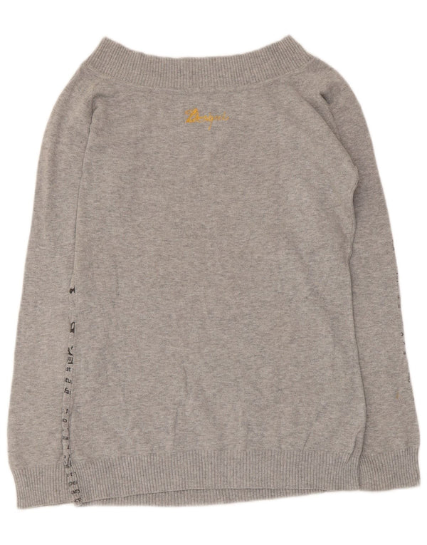 Desigual Womens Graphic Boat Neck Jumper Sweater UK 14 Large Grey Cotton