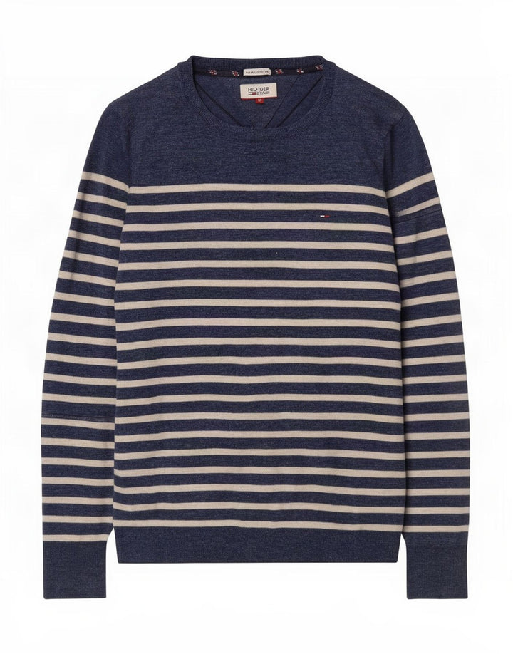 Tommy Hilfiger Mens Boat Neck Jumper Sweater Medium Navy Blue Striped
