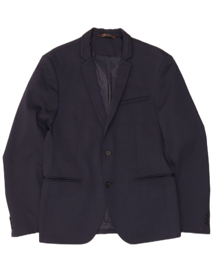 Zara Mens 2 Button Blazer Jacket EU 42 Large Navy Blue Polyester