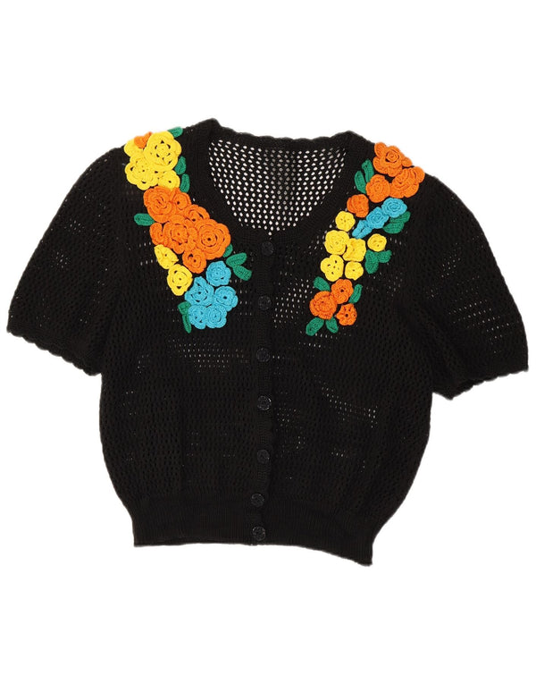 Vintage Womens Short Sleeve Cardigan Sweater UK 14 Medium Black Floral