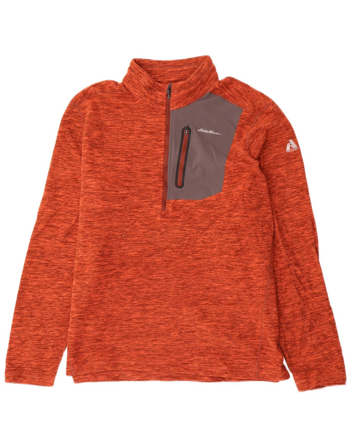 Eddie Bauer Mens Zip Neck Fleece Jumper Large Orange Flecked Polyester