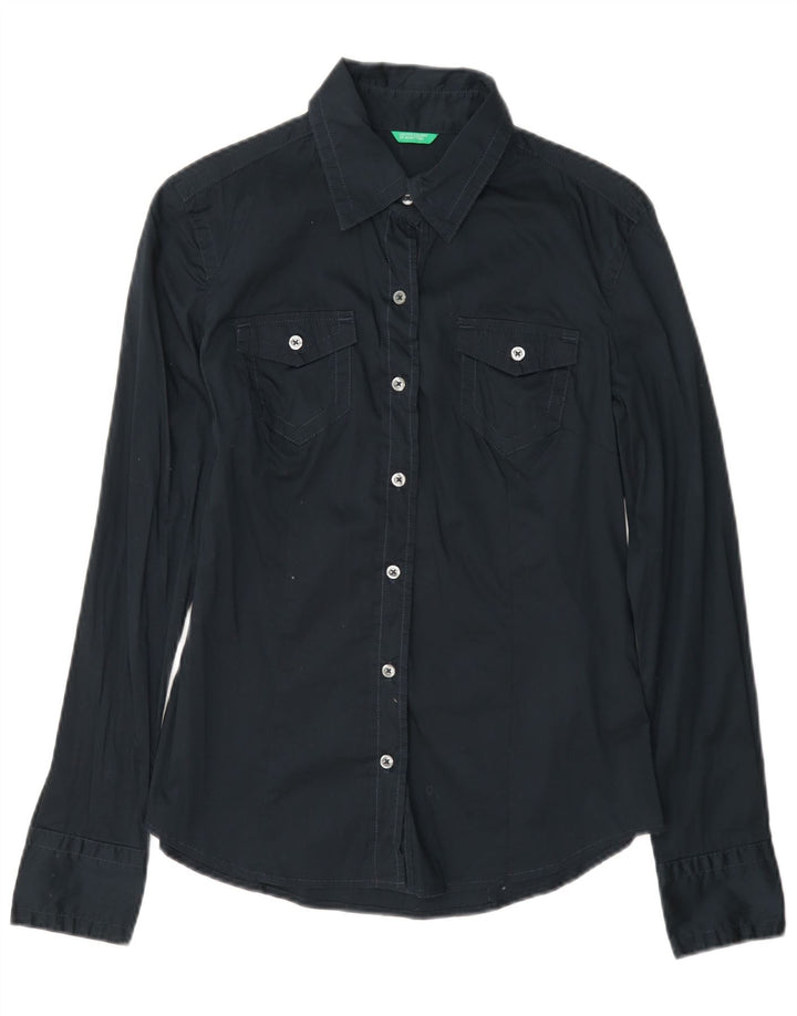 Benetton Womens Shirt UK 10 Small Navy Blue Cotton