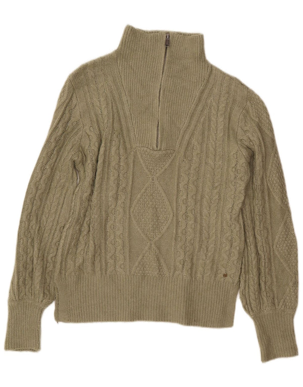 FAT FACE Womens Zip Neck Jumper Sweater UK 8 Small Khaki Argyle/Diamond