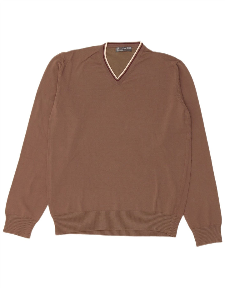 Zara Mens V-Neck Jumper Sweater Medium Brown Rayon