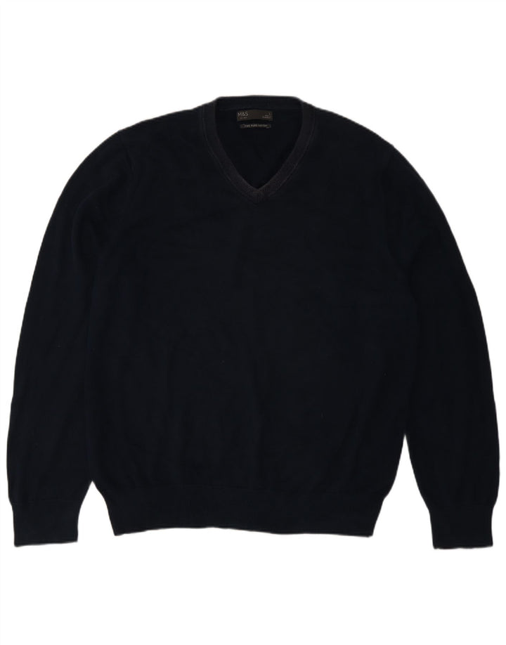 Marks & Spencer Mens V-Neck Jumper Sweater Large Navy Blue Cotton Classic