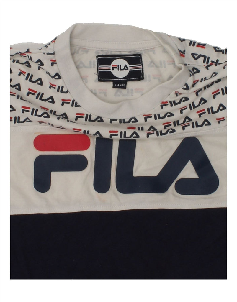 FILA Boys Graphic T-Shirt Top 3-4 Years Navy Blue Colourblock Cotton | Vintage Fila | Thrift | Second-Hand Fila | Used Clothing | Messina Hembry 