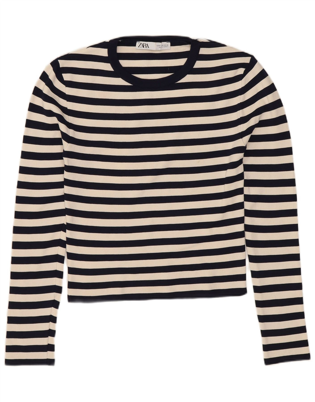 ZARA Womens Crop Top Long Sleeve UK 12 Medium Navy Blue Striped Polyamide