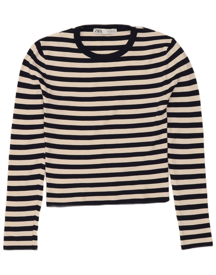 ZARA Womens Crop Top Long Sleeve UK 12 Medium Navy Blue Striped Polyamide