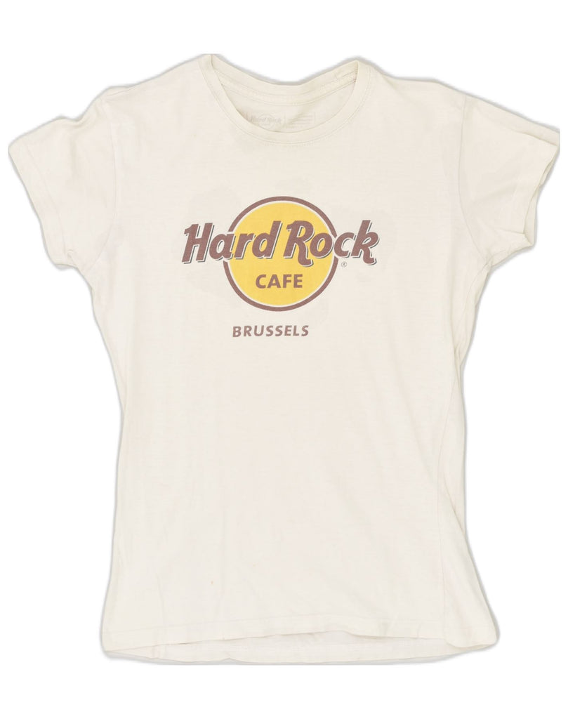 HARD ROCK Womens Brussels Graphic T-Shirt Top UK 10 Small Off White Cotton | Vintage Hard Rock | Thrift | Second-Hand Hard Rock | Used Clothing | Messina Hembry 