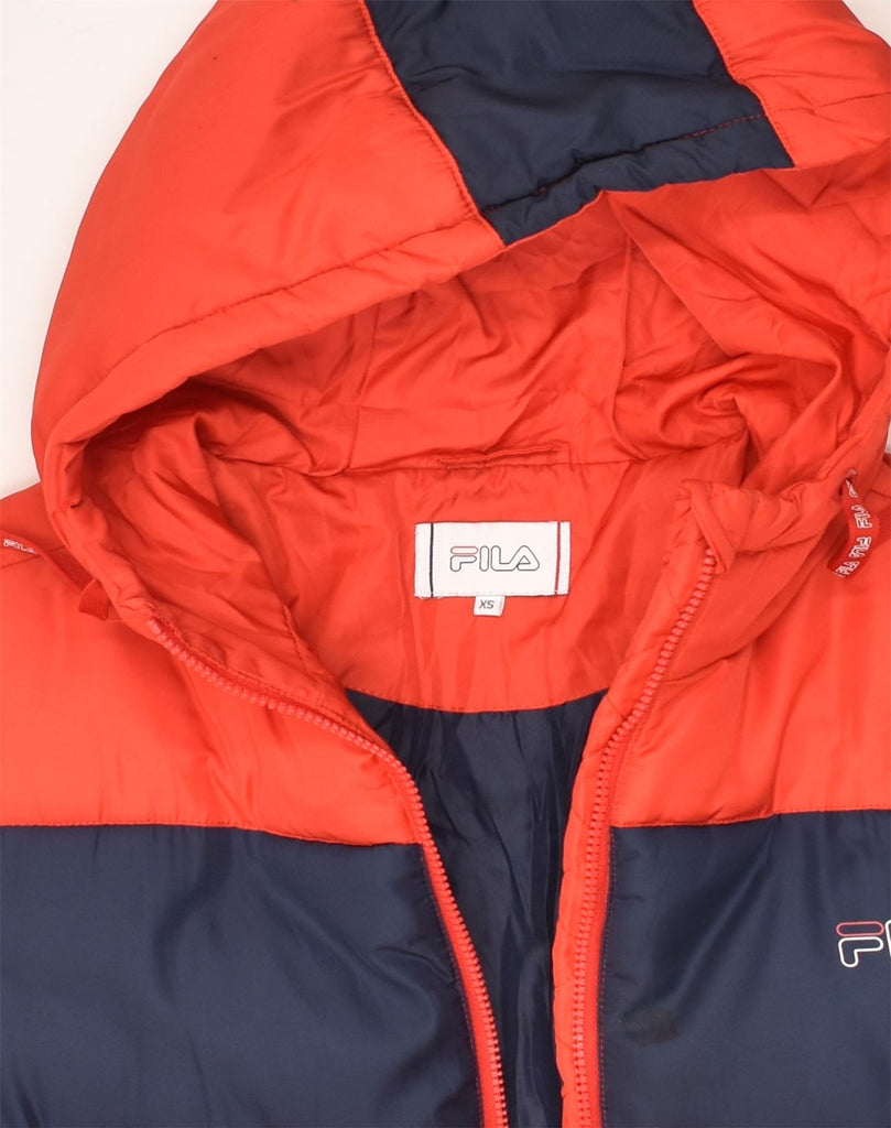 FILA Mens Graphic Hooded Padded Jacket UK 34 XS Red Colourblock Polyester | Vintage Fila | Thrift | Second-Hand Fila | Used Clothing | Messina Hembry 