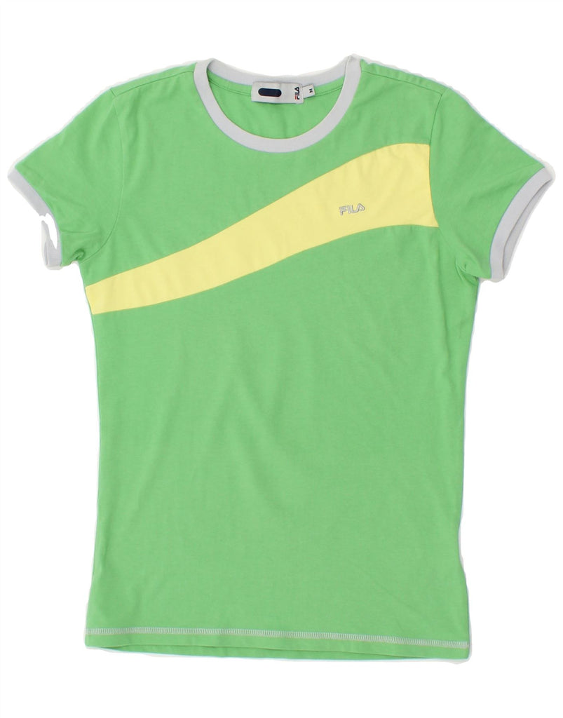 FILA Womens T-Shirt Top UK 12 Medium Green Colourblock Cotton | Vintage Fila | Thrift | Second-Hand Fila | Used Clothing | Messina Hembry 