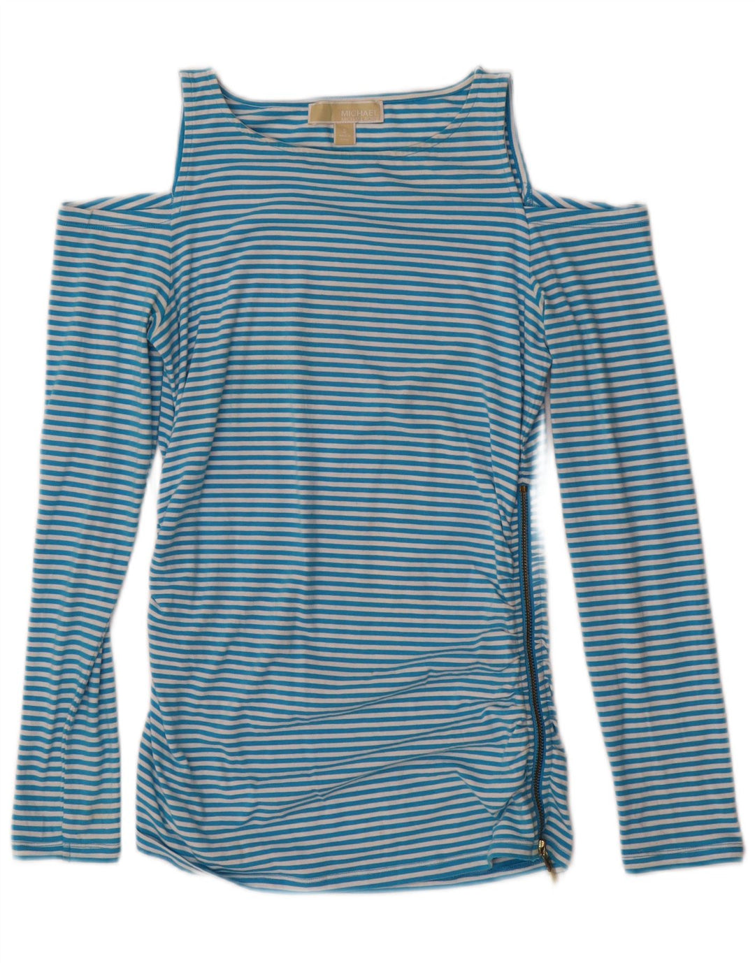 MICHAEL KORS Womens Off Shoulder Top Long Sleeve UK 10 Small Blue Striped