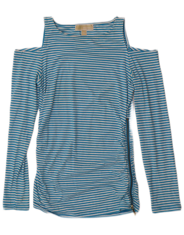 MICHAEL KORS Womens Off Shoulder Top Long Sleeve UK 10 Small Blue Striped