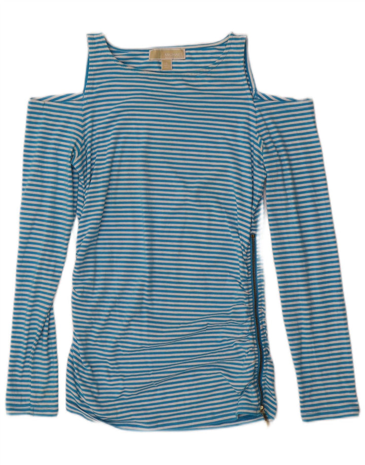 MICHAEL KORS Womens Off Shoulder Top Long Sleeve UK 10 Small Blue Striped