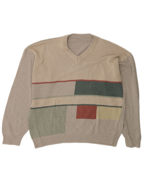 Vintage Mens V-Neck Jumper Sweater IT 58 2XL Green Geometric