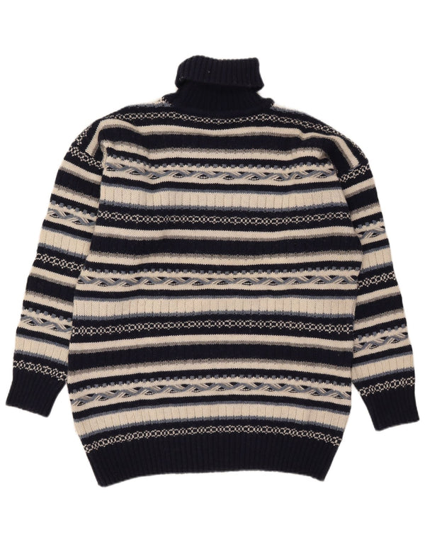 Vintage Mens Roll Neck Jumper Sweater Medium Navy Blue Striped Wool