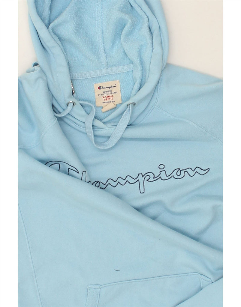 CHAMPION Mens Petite Graphic Hoodie Jumper XS Blue Cotton | Vintage Champion | Thrift | Second-Hand Champion | Used Clothing | Messina Hembry 
