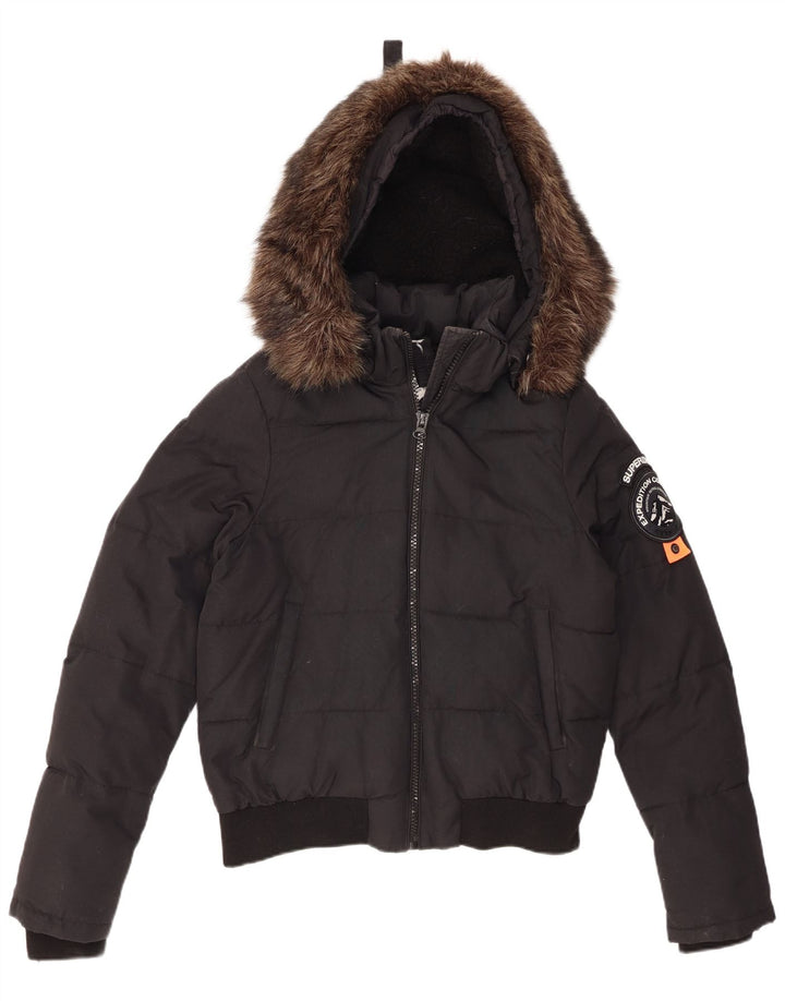 Superdry Womens Hooded Padded Jacket UK 14 Large Black Nylon