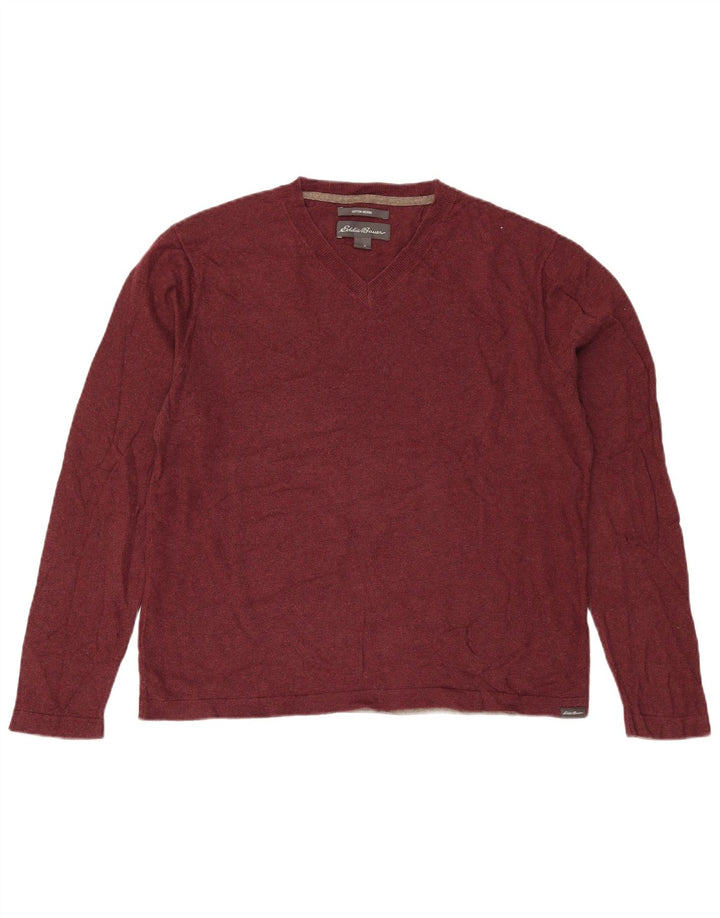 Eddie Bauer Mens V-Neck Jumper Sweater Medium Burgundy Cotton