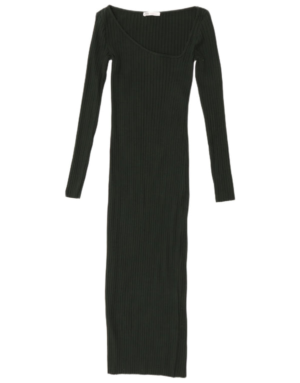 Zara Womens Long Sleeve Bodycon Dress UK 8 Small Green Cotton
