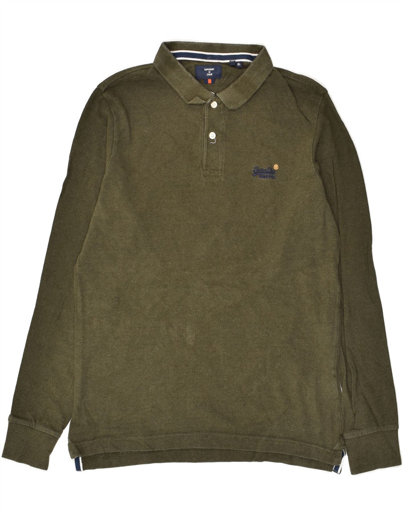 SUPERDRY Mens Long Sleeve Polo Shirt XL Khaki Cotton | Vintage Superdry | Thrift | Second-Hand Superdry | Used Clothing | Messina Hembry 