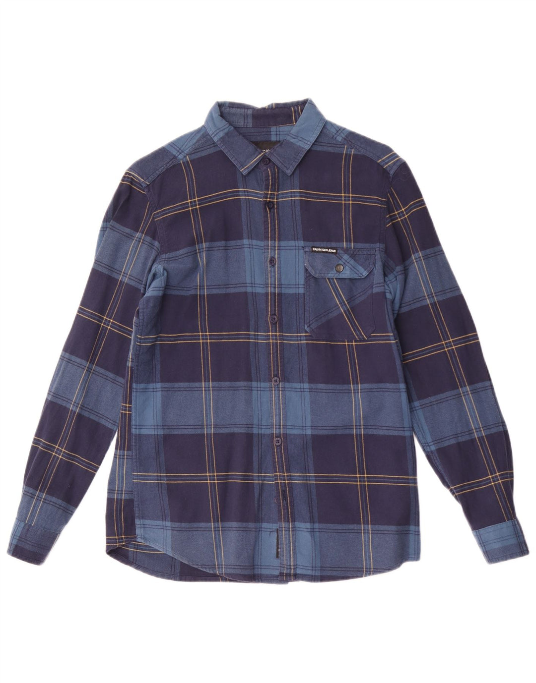 Calvin Klein Mens Slim Fit Flannel Shirt Medium Navy Blue Plaid Polyester