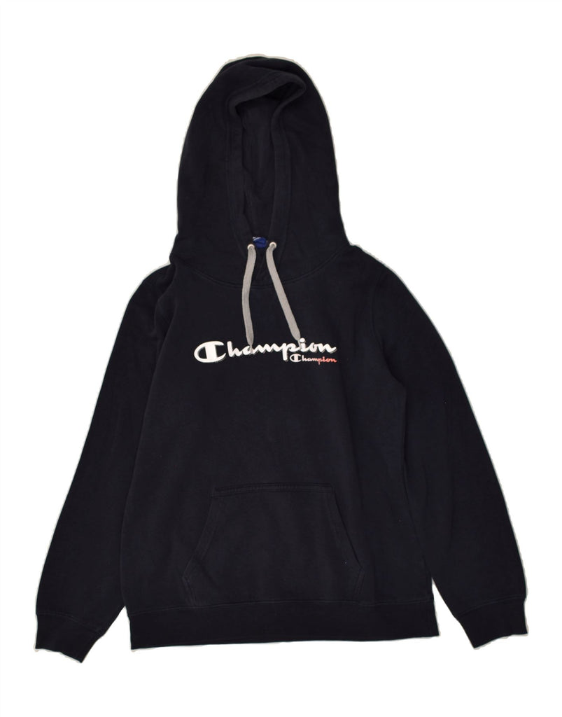 CHAMPION Womens Graphic Hoodie Jumper UK 14 Large Navy Blue Cotton | Vintage Champion | Thrift | Second-Hand Champion | Used Clothing | Messina Hembry 