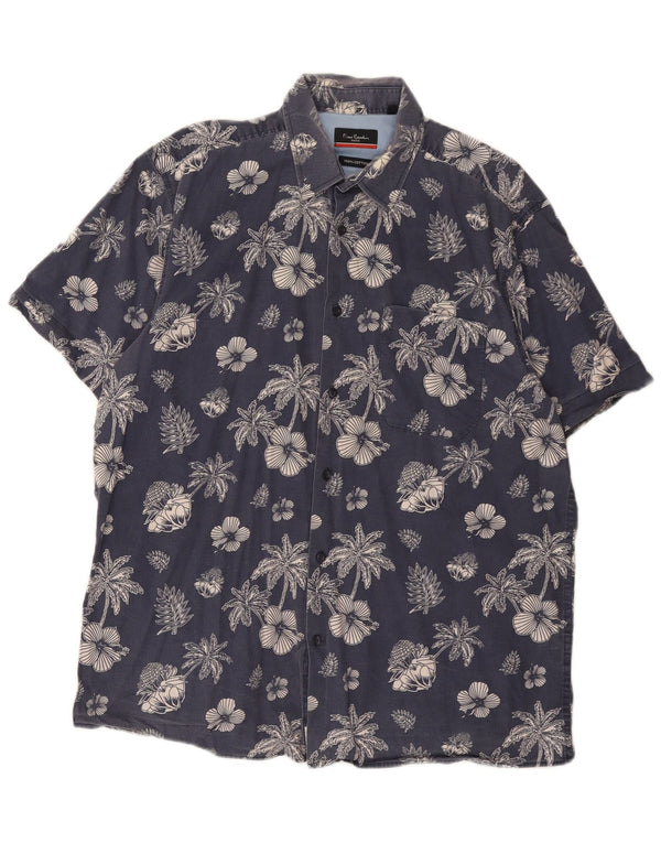 Pierre Cardin Mens Short Sleeve Shirt Large Navy Blue Floral Cotton