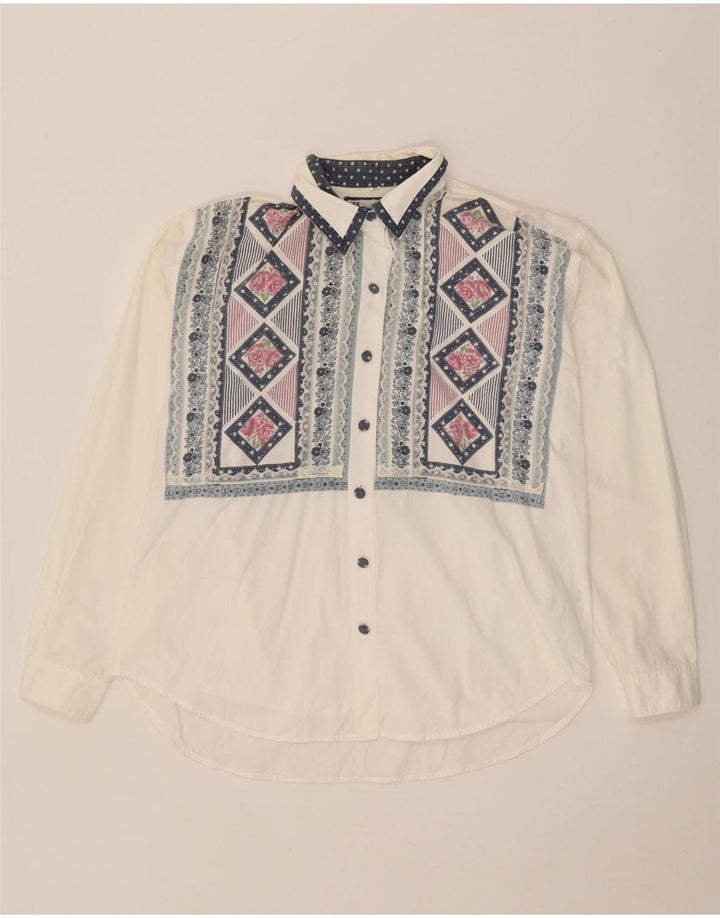 Vintage Womens Oversized Shirt Blouse UK 14 Medium White Geometric Cotton