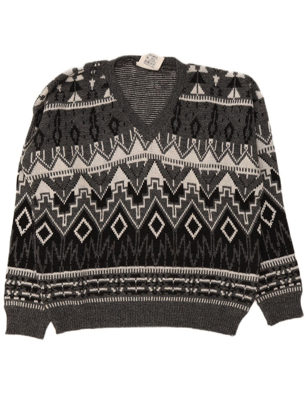 Vintage Mens V-Neck Jumper Sweater Large Grey Fair Isle Acrylic
