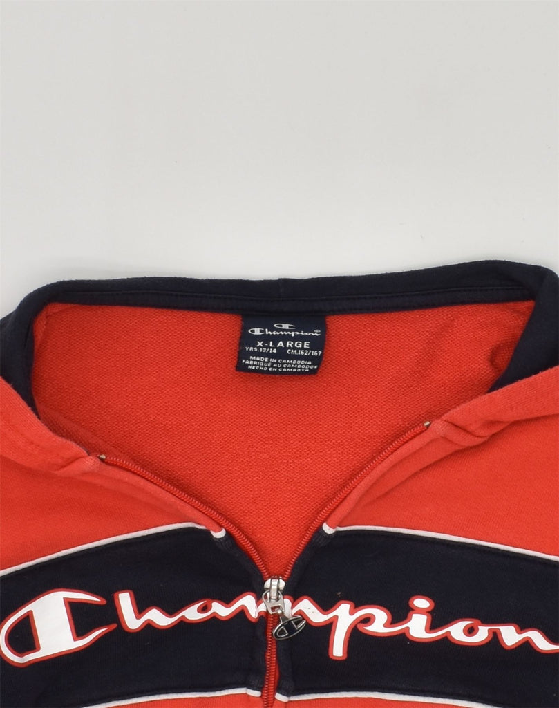 CHAMPION Boys Graphic Zip Hoodie Sweater 13-14 Years XL Orange Colourblock | Vintage Champion | Thrift | Second-Hand Champion | Used Clothing | Messina Hembry 