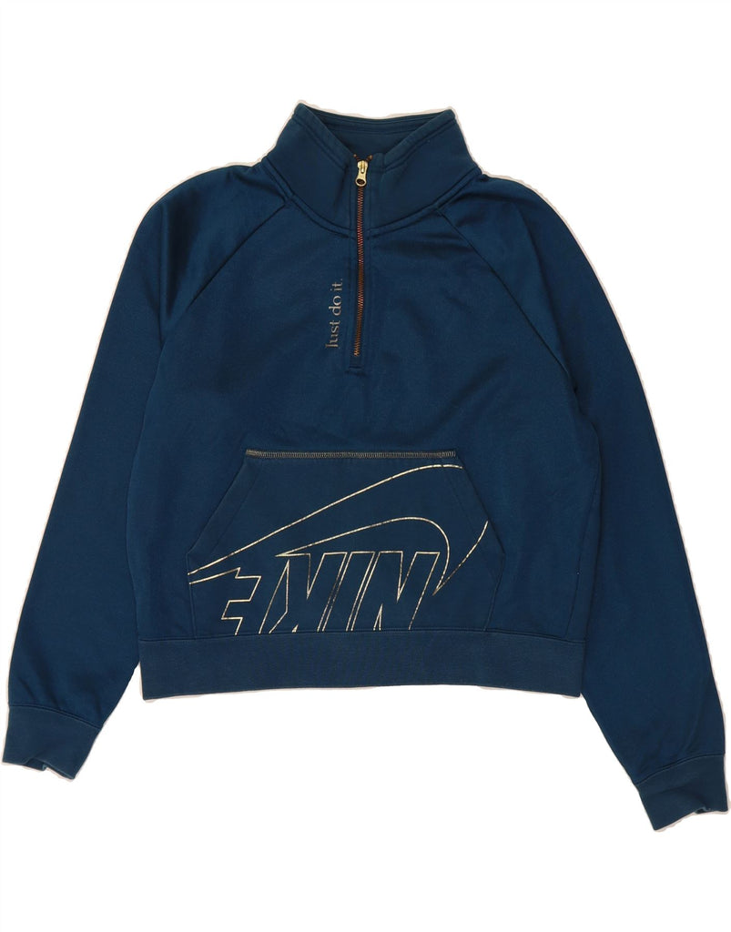 NIKE Womens Oversized Crop Graphic Sweatshirt Jumper UK 10 Small Blue Vintage Nike and Second-Hand Nike from Messina Hembry 