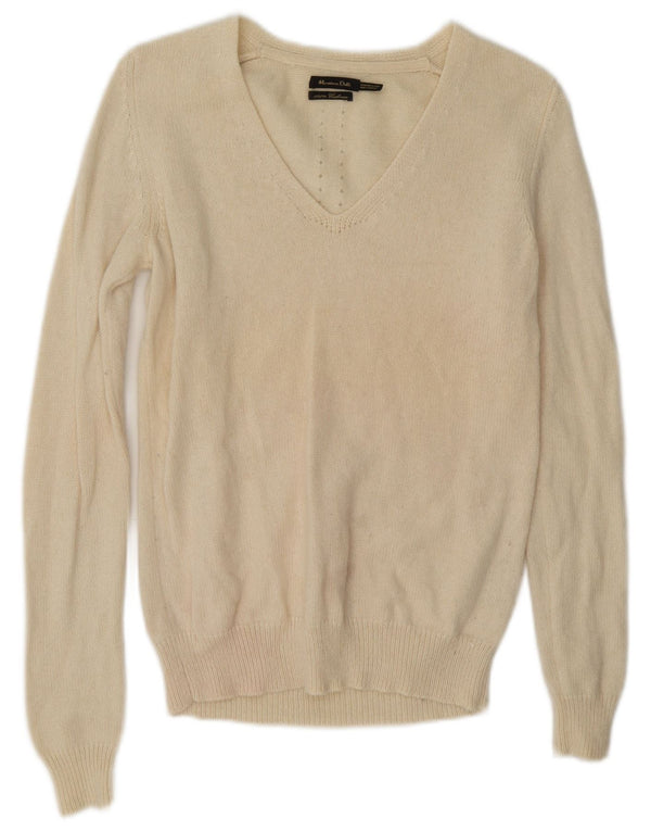 Massimo Dutti Womens V-Neck Jumper Sweater UK 14 Medium Off White Cashmere