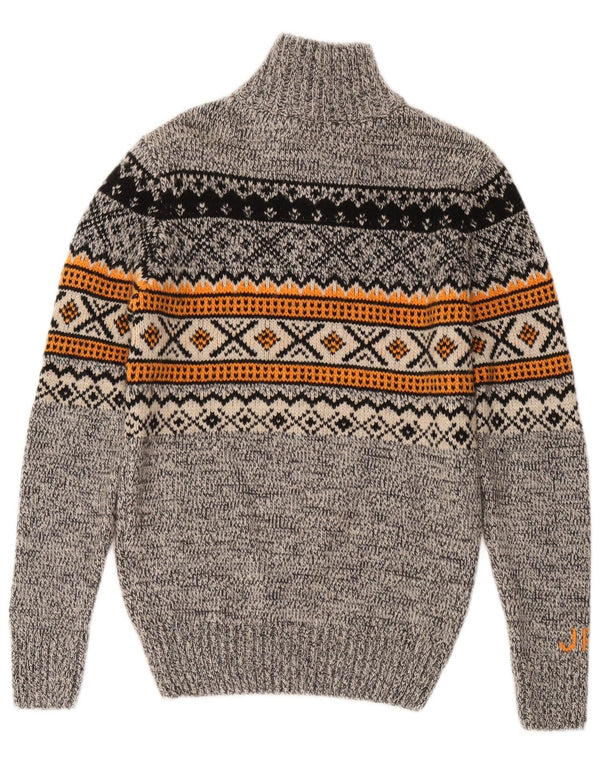 Superdry Mens Zip Neck Jumper Sweater Small Grey Fair Isle Acrylic