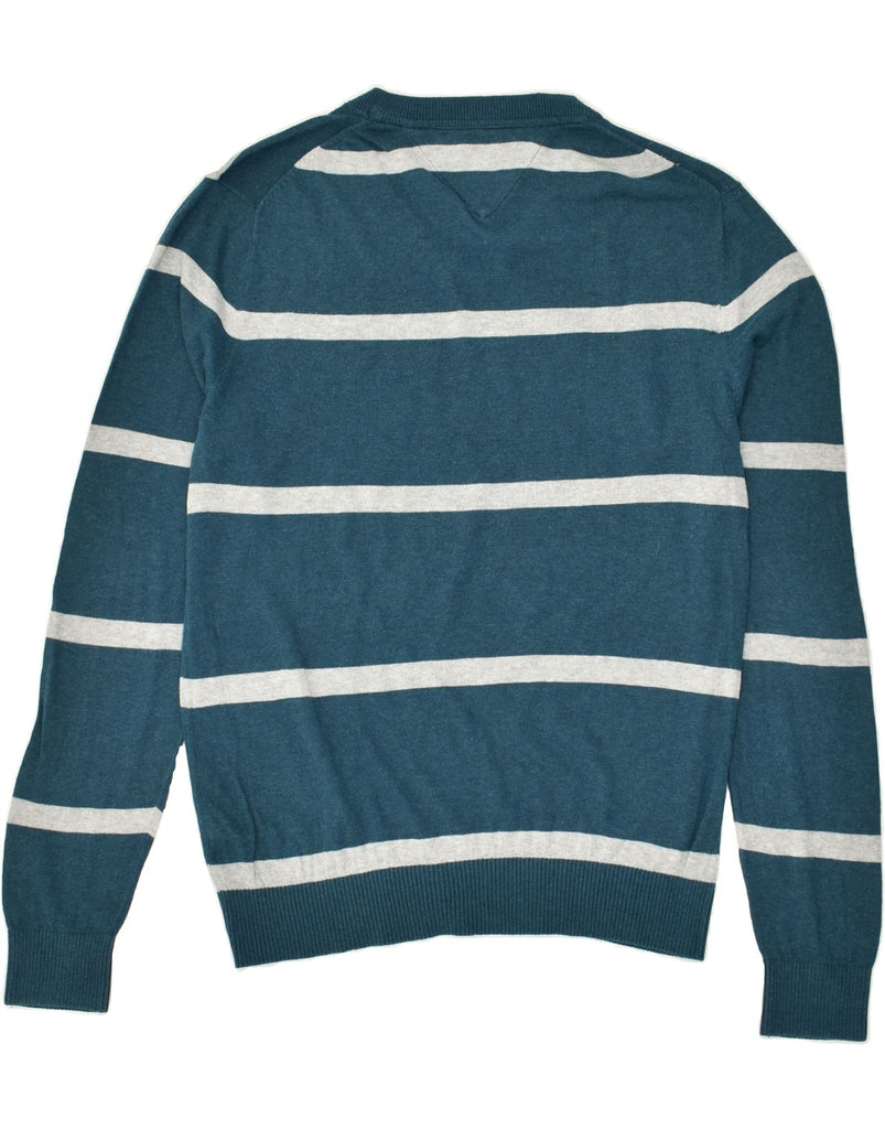 TOMMY HILFIGER Mens V-Neck Jumper Sweater Medium Green Striped Cotton | Vintage Tommy Hilfiger | Thrift | Second-Hand Tommy Hilfiger | Used Clothing | Messina Hembry 