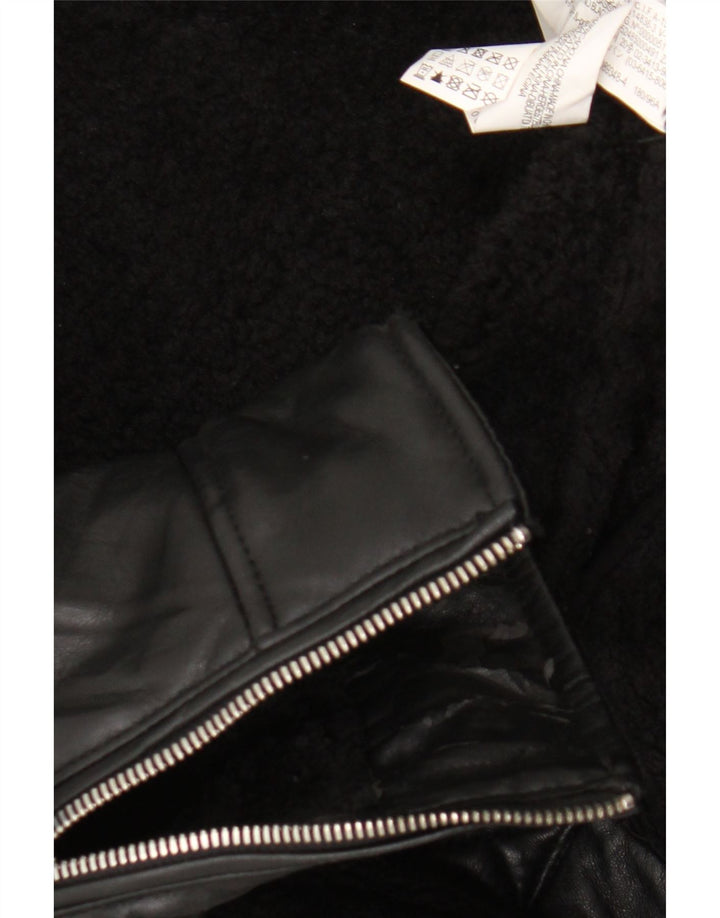 Zara Womens Sherpa Biker Jacket UK 14 Medium Black Polyester