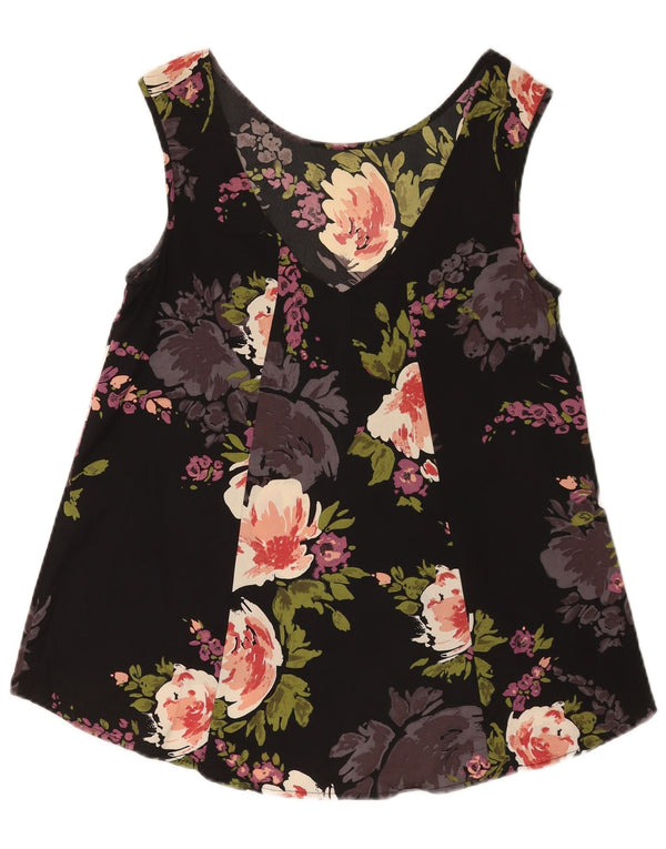 Vintage Womens Crop Sleeveless Blouse Top UK 10 Small Black Floral