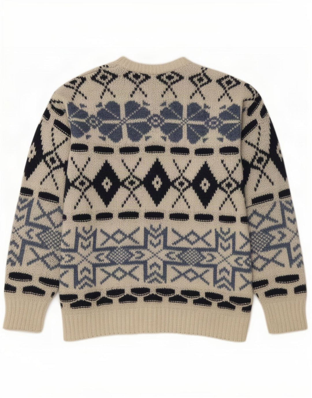 Shetland Mens Crew Neck Jumper Sweater Large Off White Fair Isle