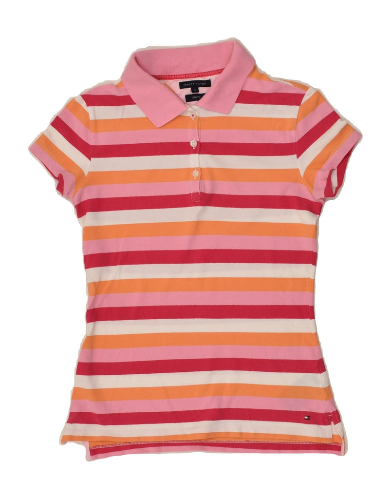 TOMMY HILFIGER Womens Slim Fit Polo Shirt UK 10 Small Pink Striped Cotton | Vintage Tommy Hilfiger | Thrift | Second-Hand Tommy Hilfiger | Used Clothing | Messina Hembry 