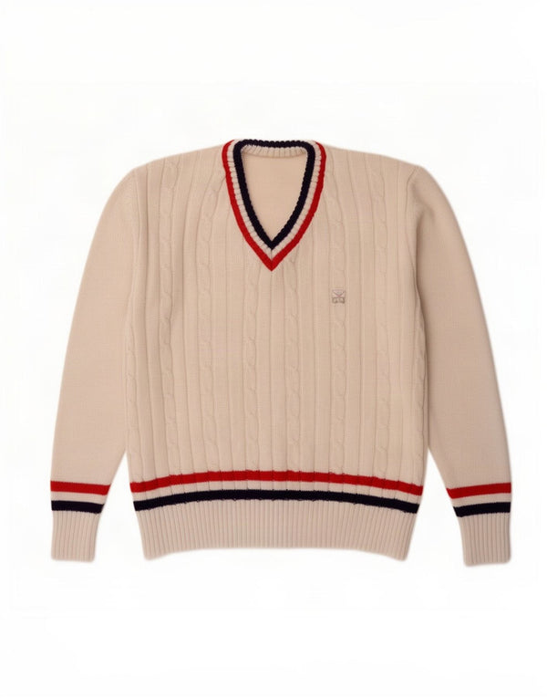 Trigema Mens V-Neck Jumper Sweater Large White Striped