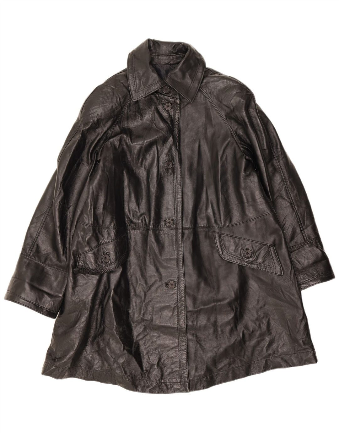 Vintage Womens Oversized Leather Coat UK 10 Small Black Leather
