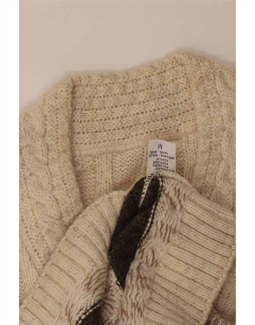 Vintage Mens V-Neck Jumper Sweater Medium Beige Fair Isle Acrylic