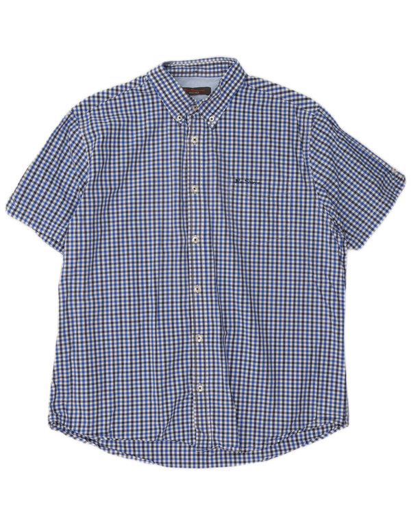 Ben Sherman Mens Short Sleeve Shirt XL Blue Gingham Cotton